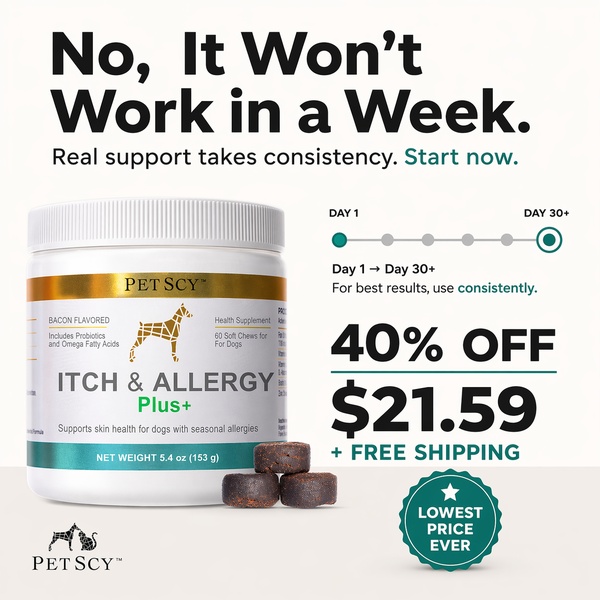 A square-format static ad for a dog supplement that uses a negative-framing hook to build credibility and expectation management for long-term users.